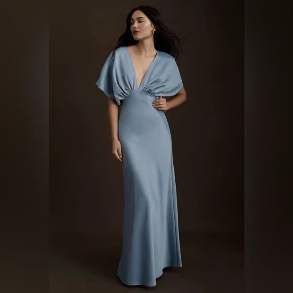 Anthropologie BHLDN Leila Deep-V Flutter-Sleeve Satin A-Line Gown in Dusty Blue - Picture 1 of 4